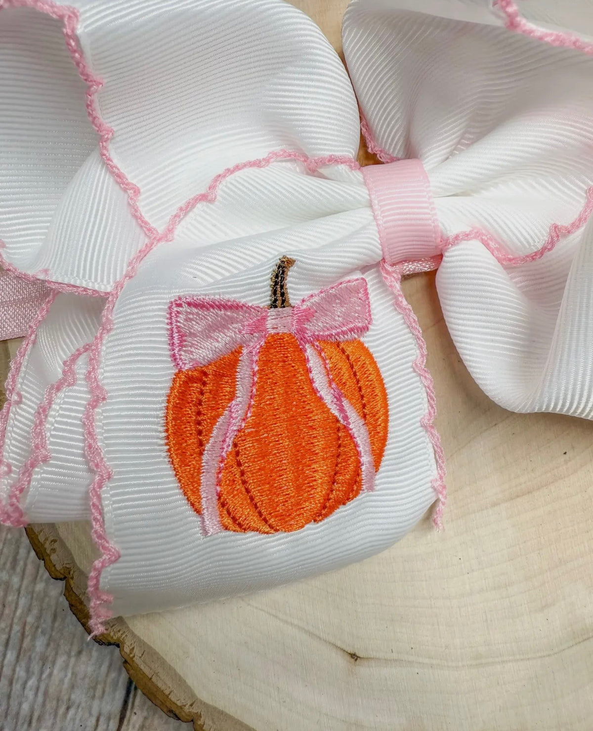 Embroidered Pumpkin Bow - Pink Trim