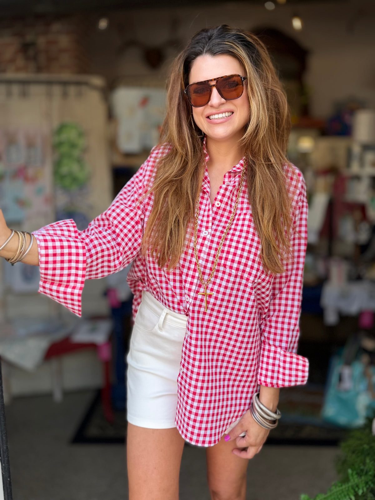 Red Gingham Button Down Top
