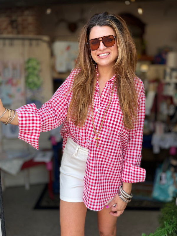 Red Gingham Button Down Top