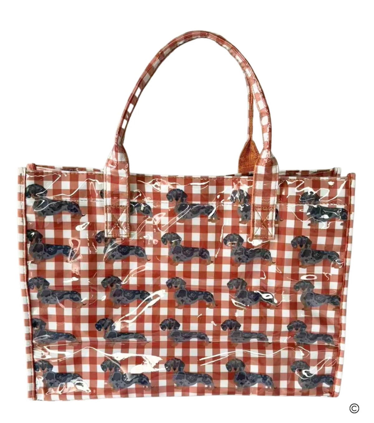 The Chloe Khaki/Rust Gingham Daushund Vinyl Tote Bag