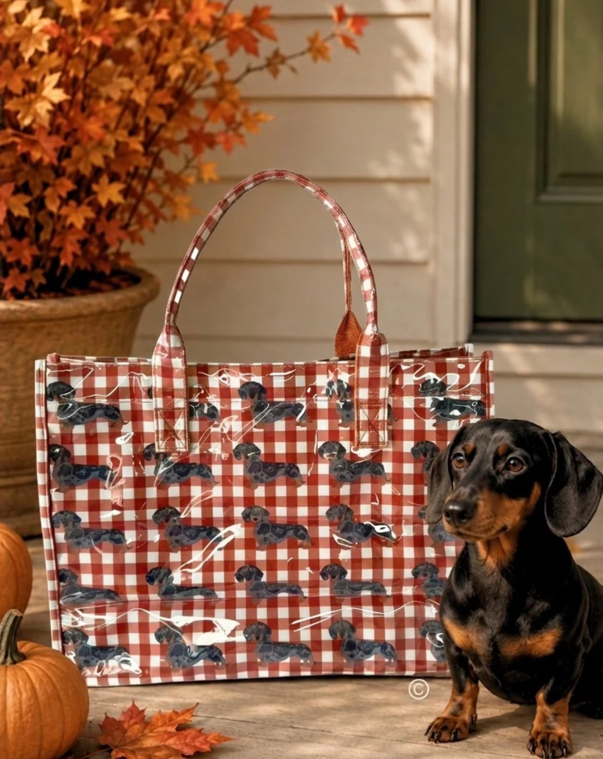 The Chloe Khaki/Rust Gingham Daushund Vinyl Tote Bag