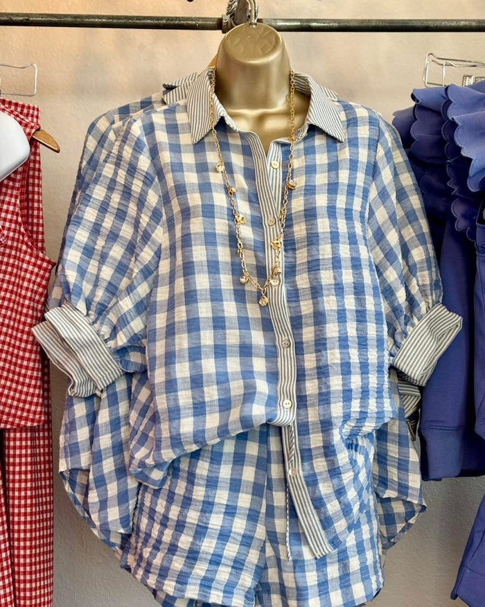 Blue Gingham and Striped Button Up Set
