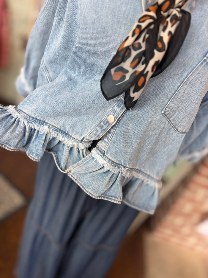 Denim Ruffle Bottom Button Up