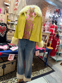 Pink and Yellow Detailed Velvet Top