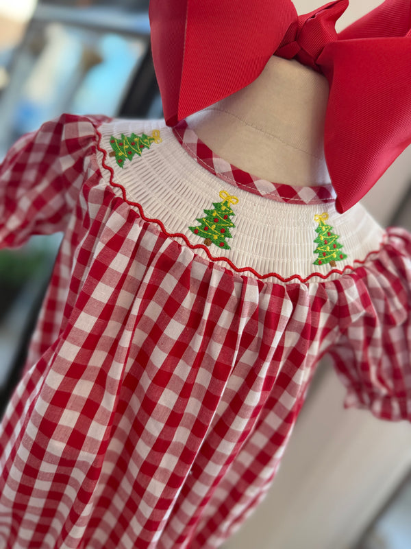Christmas Tree Smocked Embroidered Girls Bubble