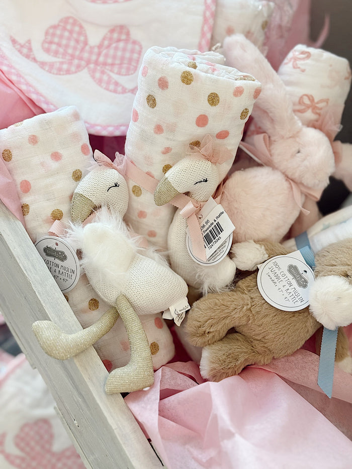 MUD PIE - Dot Swaddle & Rattle Set (with Flamingo)