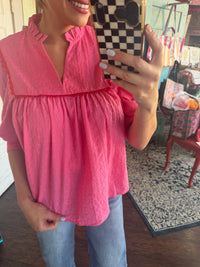 All Eyes On You Eyelet Top - Pink/Red