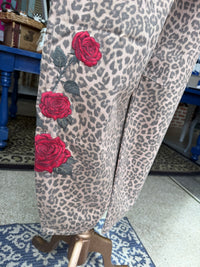 Leopard Barrel Jeans - Rose Embroidery