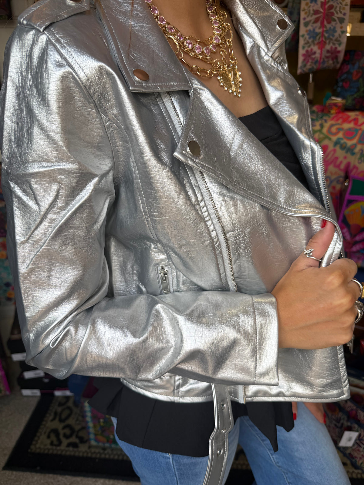 Metallic Faux Leather Crop Jacket