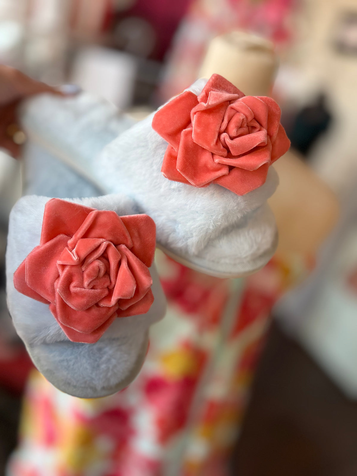 Blue & Coral Velvet Rose Slippers