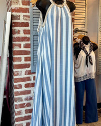 Blue and White Stiped Halter Neck Dress