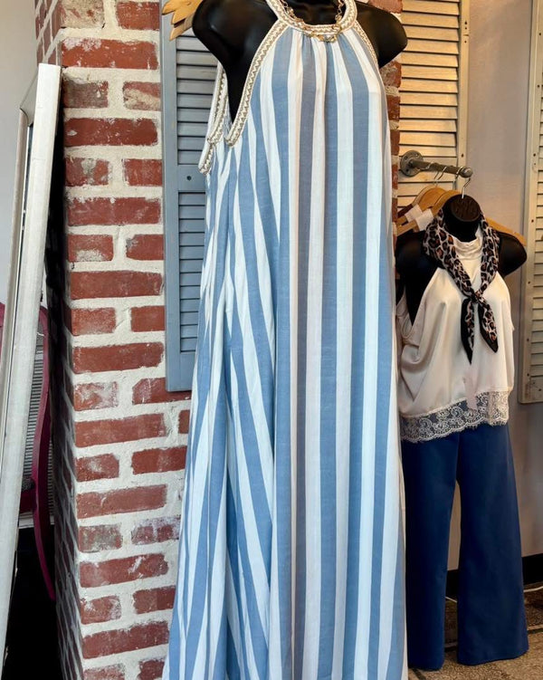 Blue and White Stiped Halter Neck Dress