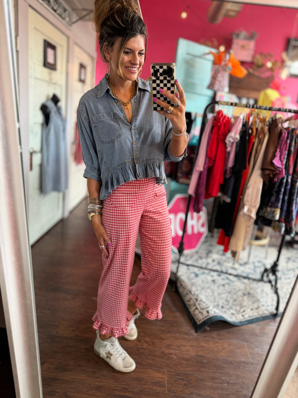 The KK denim ruffle top