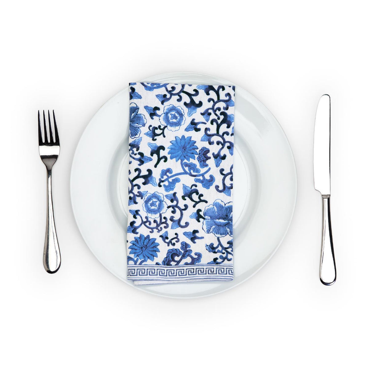 Chinoiserie Set of 4 Blue and White Floral Pattern Napkins - Cotton