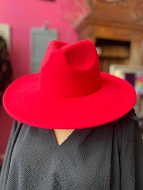 Wide Brim Fedora Hat - Red