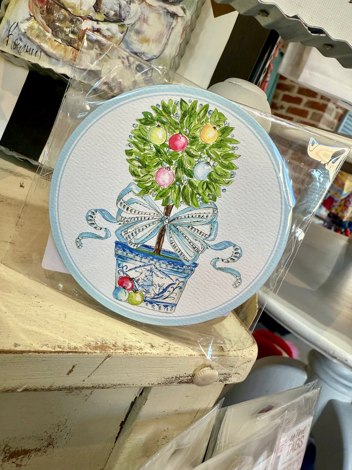 Handpainted Ornament Topiary with Blue Bow- Coasters 20