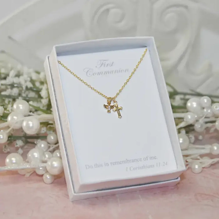 First Communion Dove and Cross Dainty Necklace