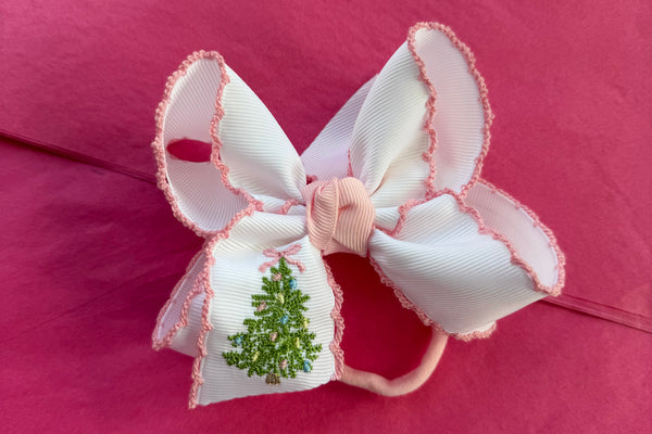 Thin White Bow Headband -Tree Detail