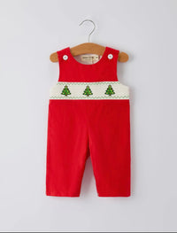 Christmas Tree Smocked Embroidered Boys Romper