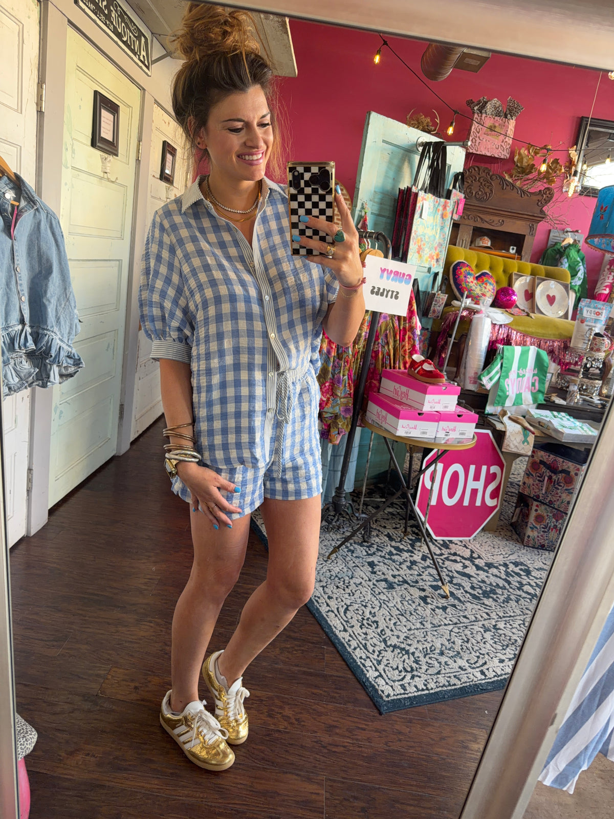 Blue Gingham and Striped Button Up Set