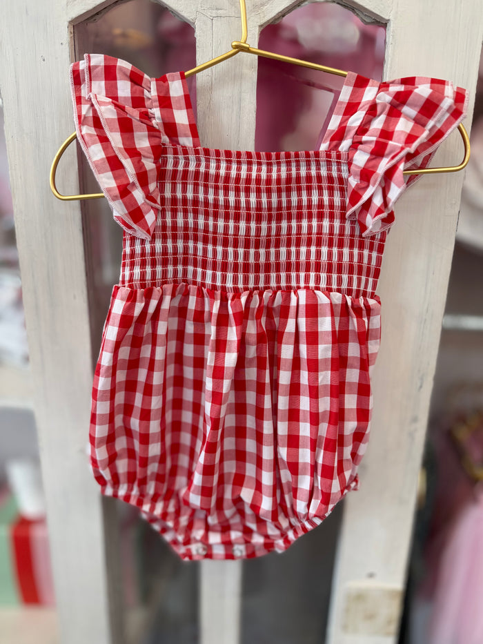 Summer Red Plaid Smocked Bubble