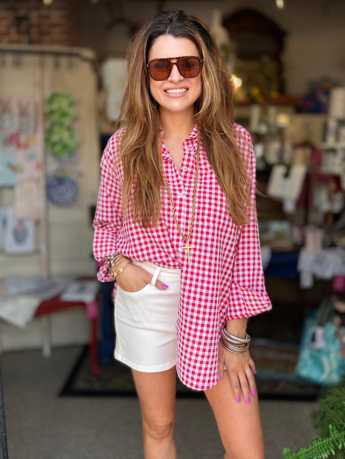 Red Gingham Button Down Top
