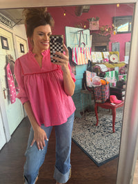 All Eyes On You Eyelet Top - Pink/Red