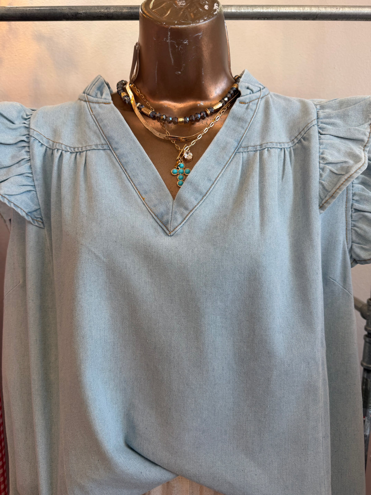Denim Top with Ruffle Sleeve Detail