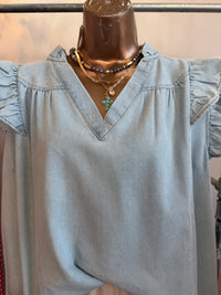 Denim Top with Ruffle Sleeve Detail