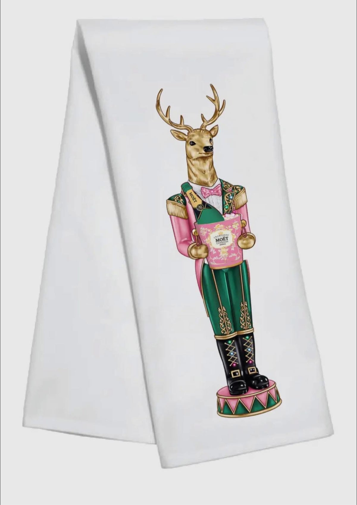 Holiday Reindeer w/ Champagne - Tea Towel