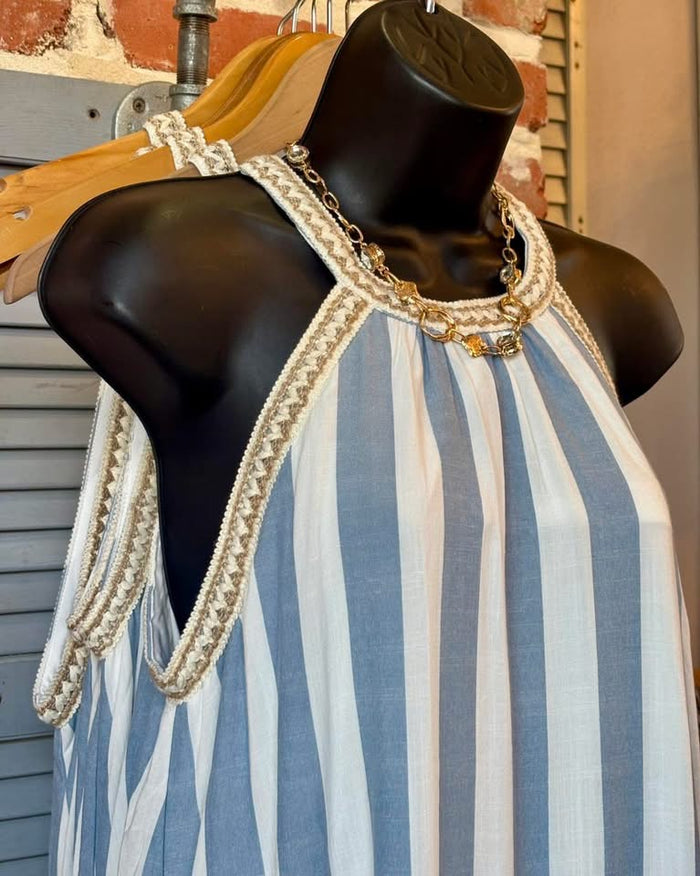 Blue and White Stiped Halter Neck Dress