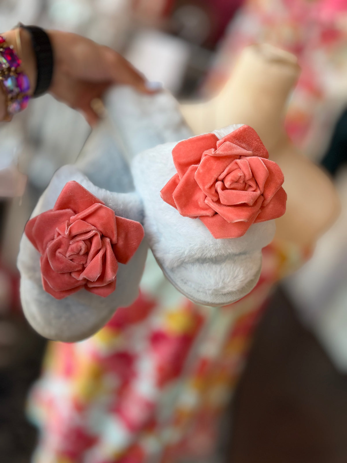 Blue & Coral Velvet Rose Slippers