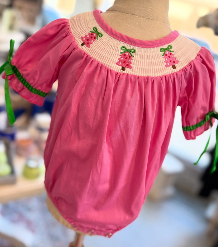 Pink Christmas Smocked Embroidered Girls Bubble - SALE