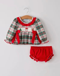 Christmas Plaid Smocked Embroidered Bloomer Set