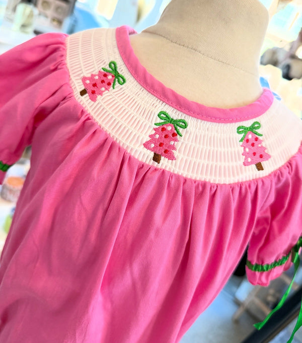 Pink Christmas Smocked Embroidered Girls Bubble