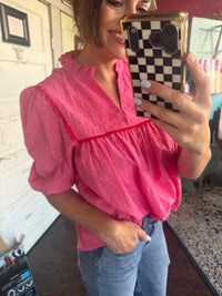 All Eyes On You Eyelet Top - Pink/Red