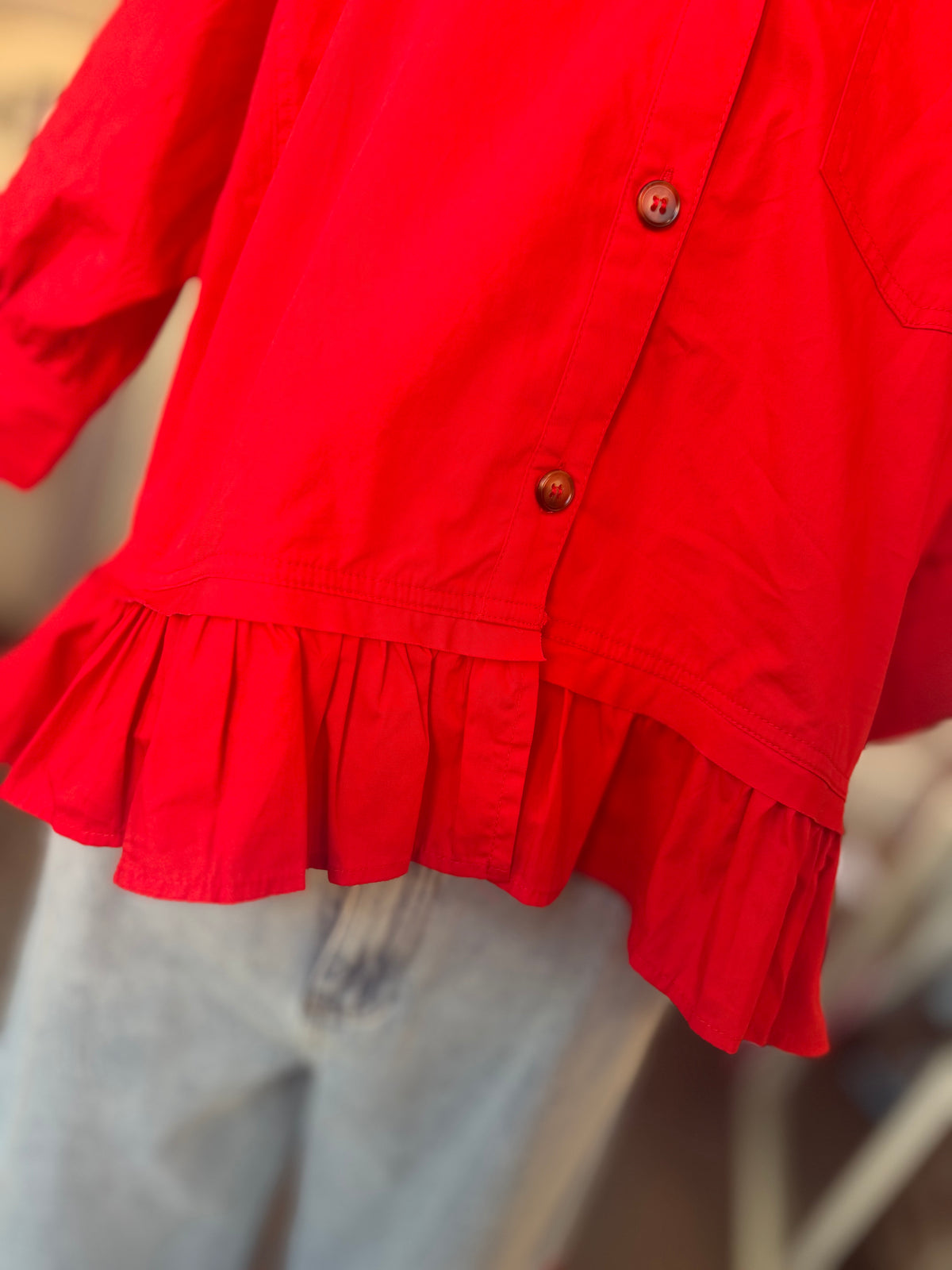 Ruffle Hem Button Up - Red