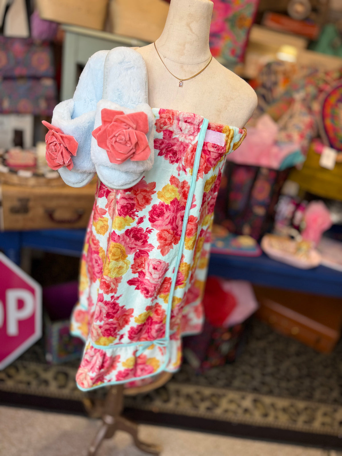 Blue & Coral Velvet Rose Slippers