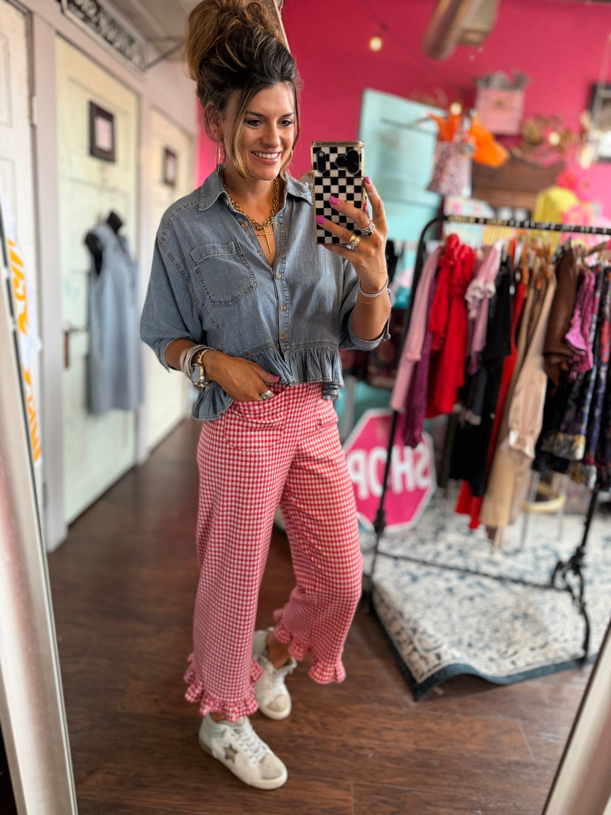 Red Gingham pants with ruffle