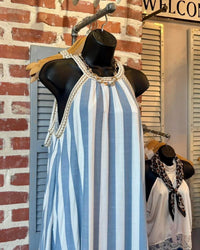 Blue and White Stiped Halter Neck Dress