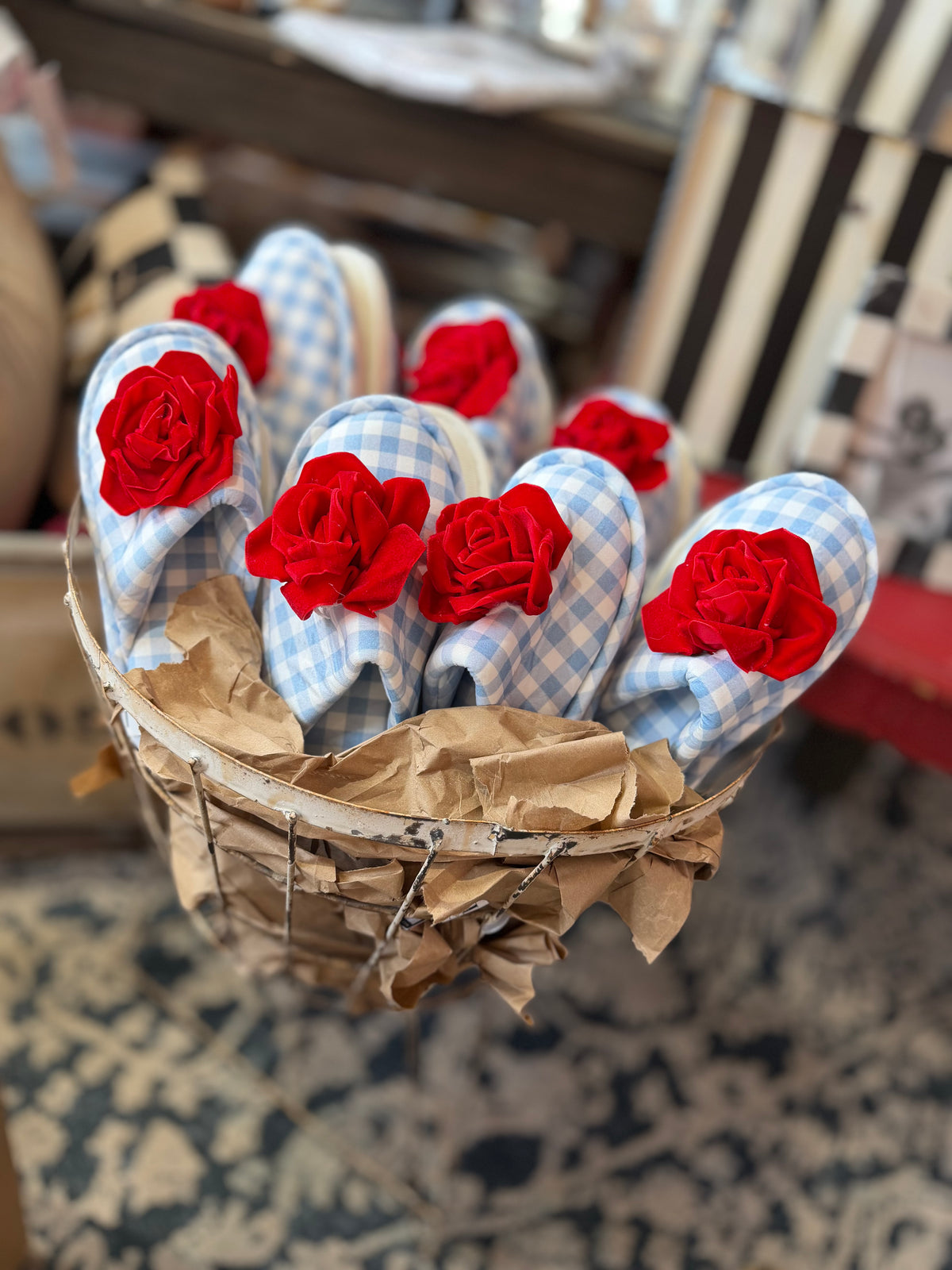 Blue Gingham & Red Velvet Rose Slippers