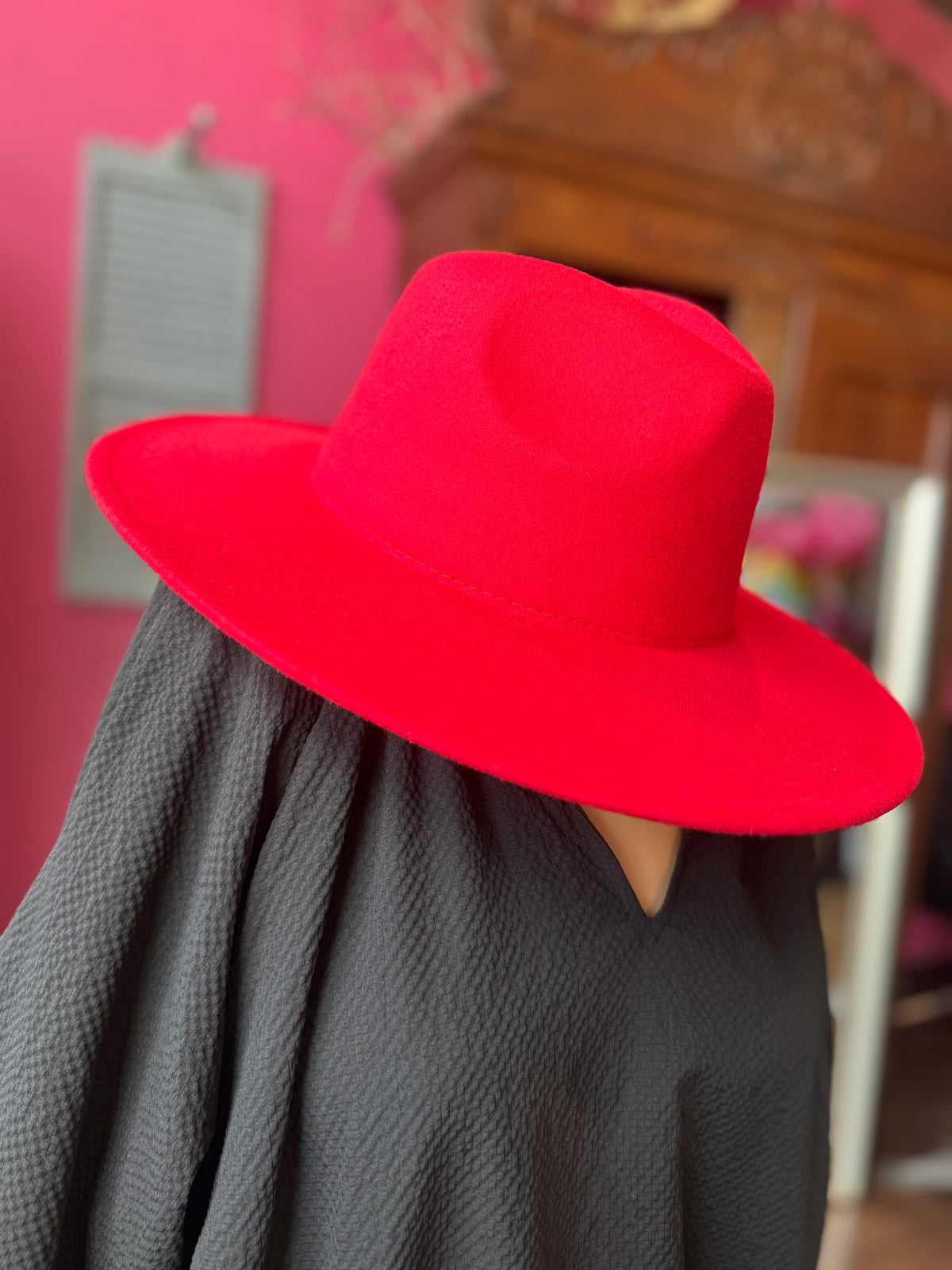 Wide Brim Fedora Hat - Red