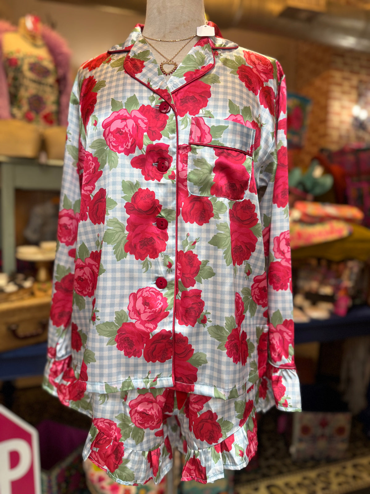 Blue Gingham & Roses Long Sleeve Pajama Set