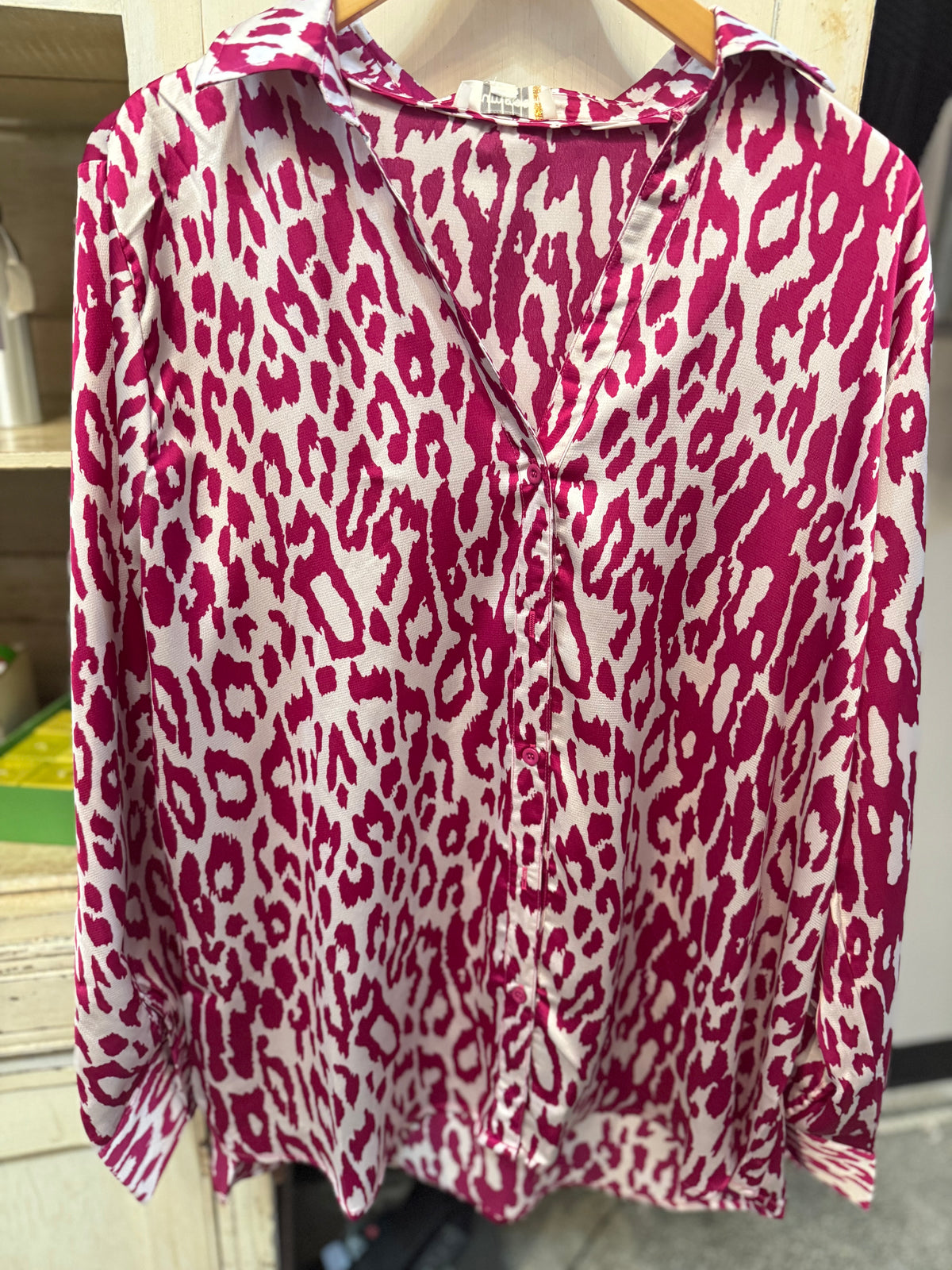Satin Button Down Fuschia Print Top