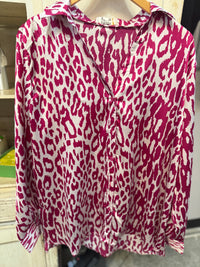 Satin Button Down Fuschia Print Top