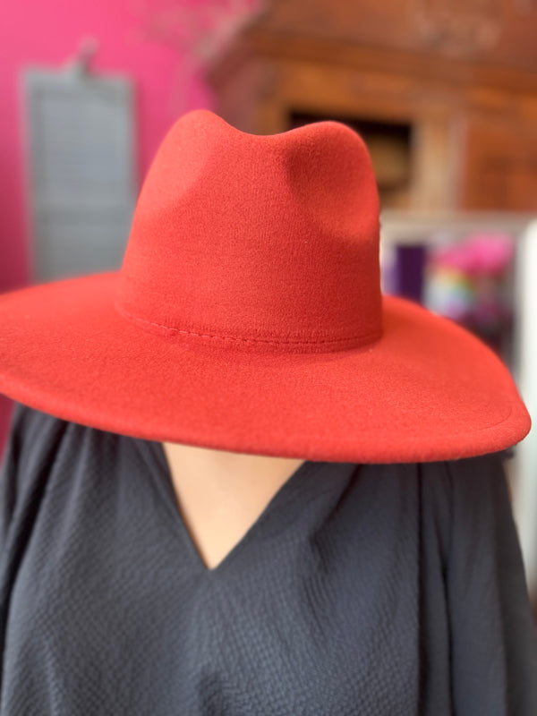Wide Brim Fedora Hat - Rust