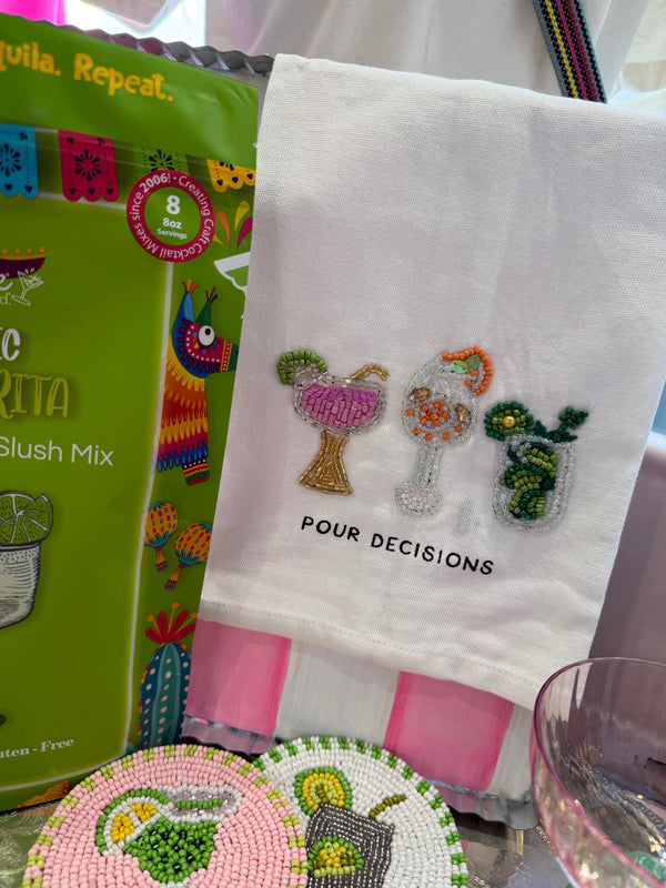 Pour decisions- beaded bar towel