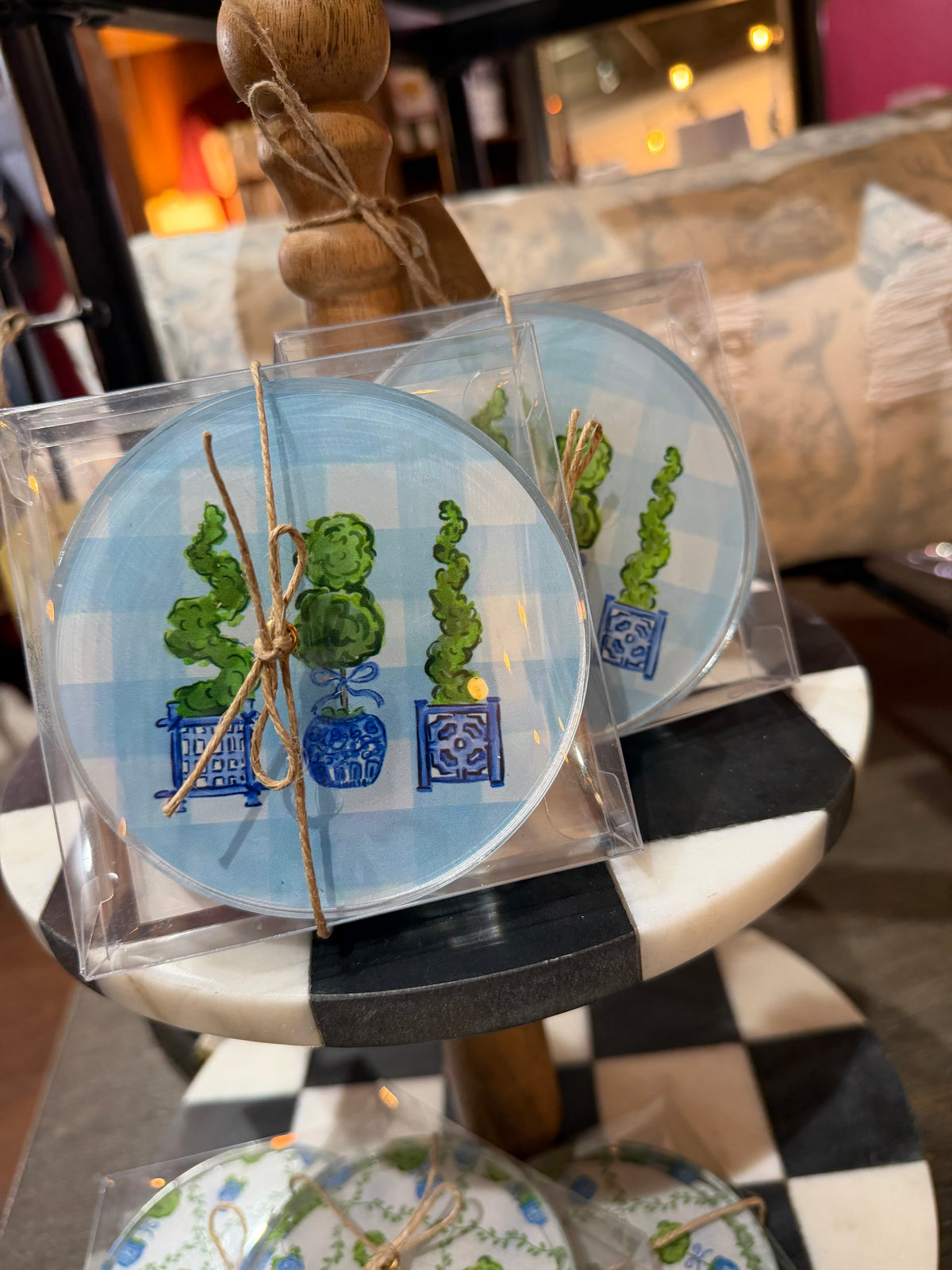 BLUE & WHITE TOPIARY ACRYLIC COASTERS