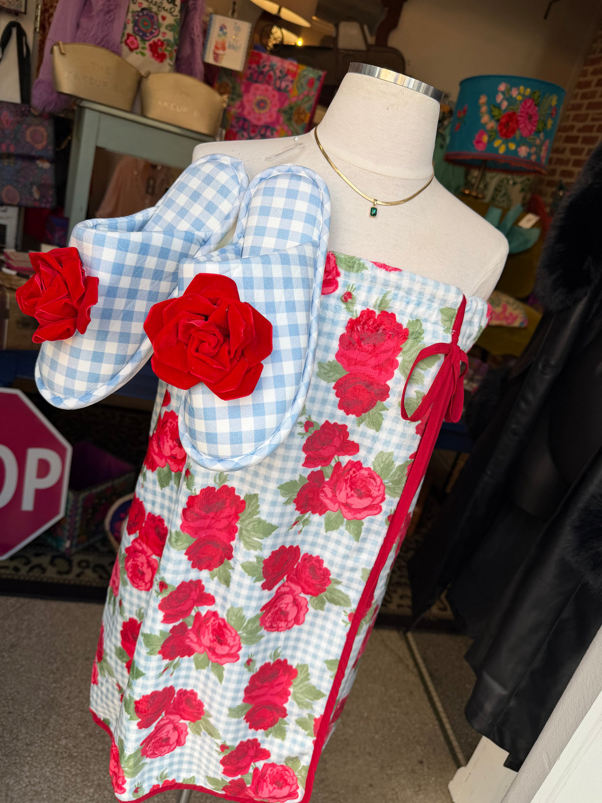 Blue Gingham & Roses Spa Wrap