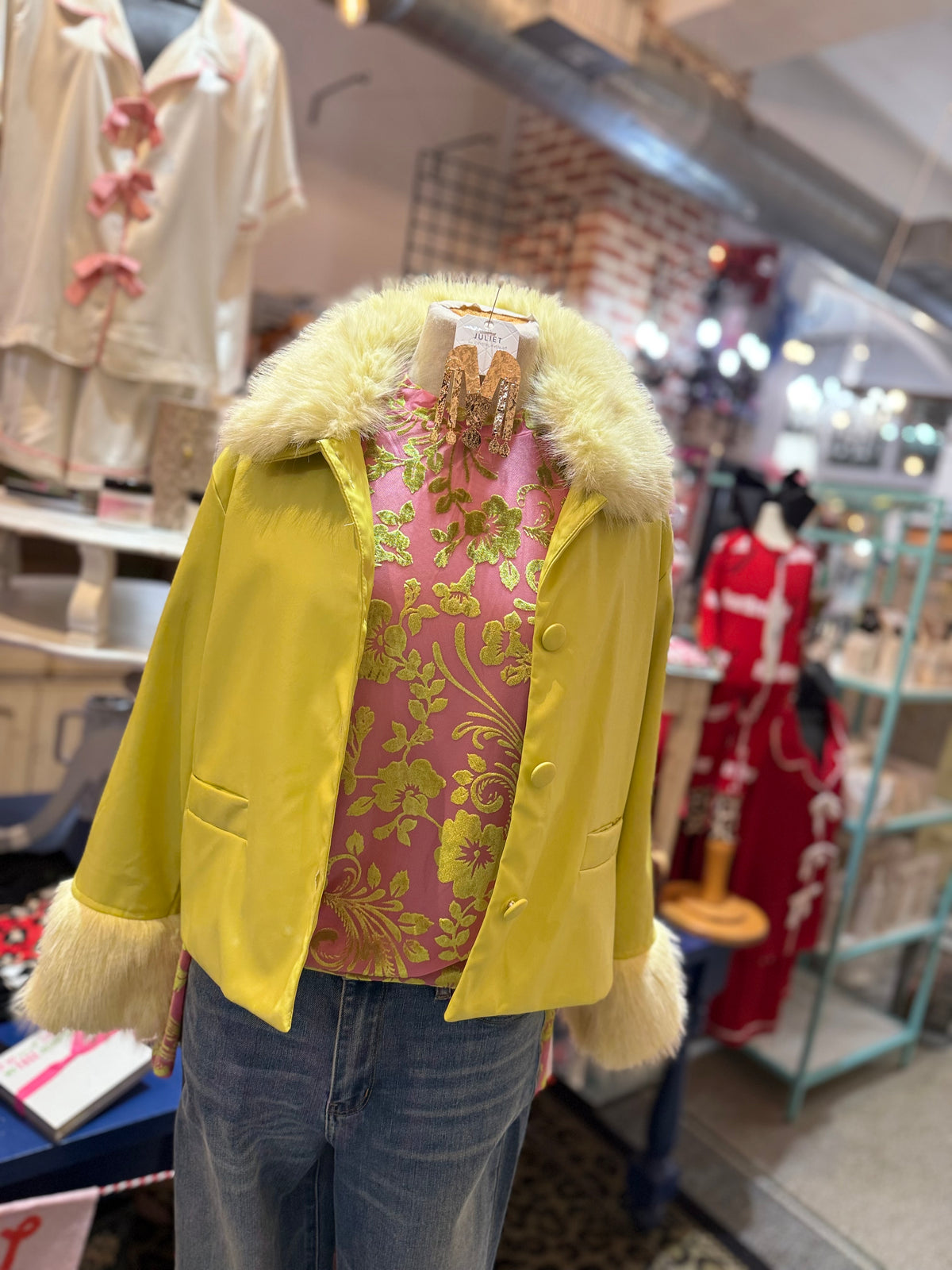 Pink and Yellow Detailed Velvet Top
